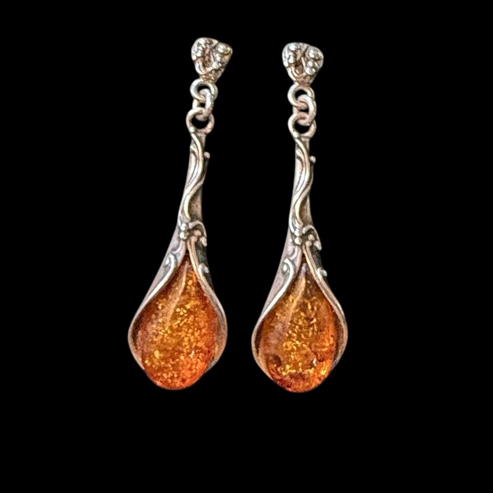 Vintage Silver and Amber Drop Earrings